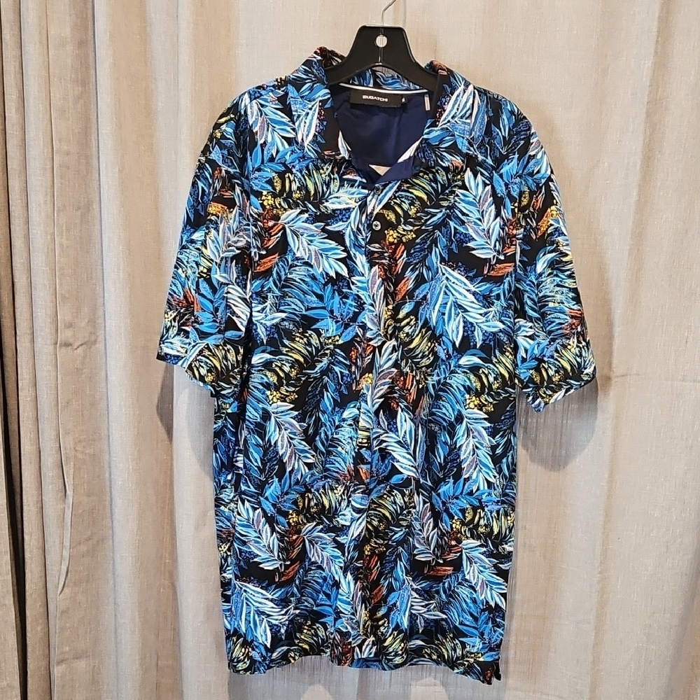 Bugatchi Blue and Black Tropical Leaf Print Short Sleeve Polo Shirt